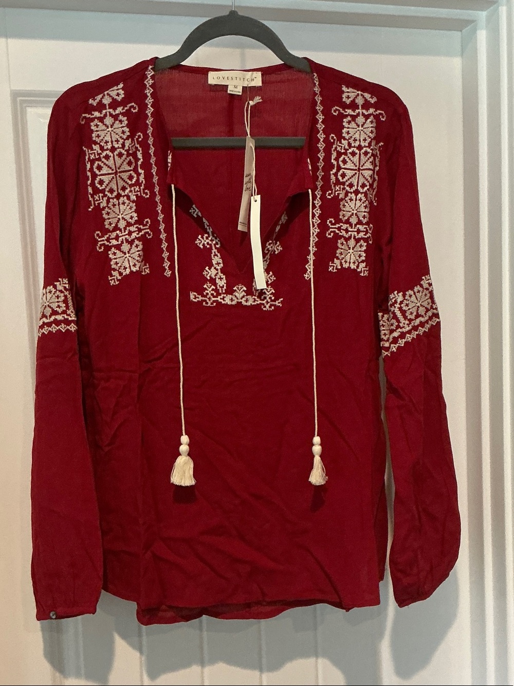 NWT Lovestitch Red Embroidered Tassel Peasant Tunic Size M